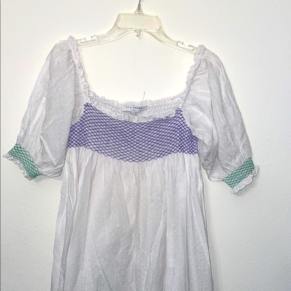 Hill House White and Purple Smocked Over The Shoulders Women's Mini Dress - Picture 3 of 7